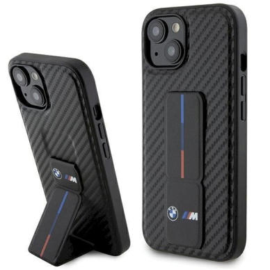 Originalus BMW dėklas Grip Stand Smooth & Carbon iPhone 15 - Juodas