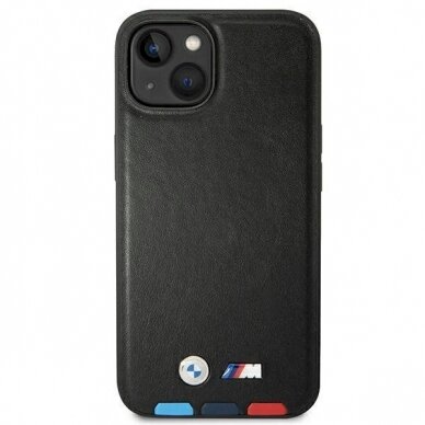 Originalus dėklas BMW BMHMP14S22PTDK iPhone 14 6.1 Juodas Leather Stamp Tricolor Magsafe 2