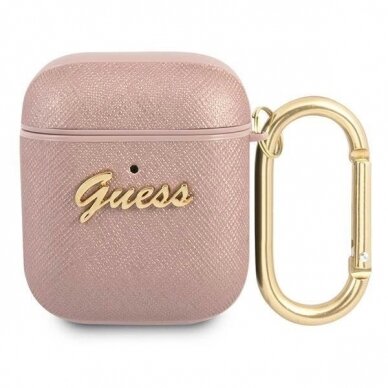 Originalus dėklas Guess GUA2SASMP AirPods cover rožinis/rožinis Saffiano Script Metal Collection