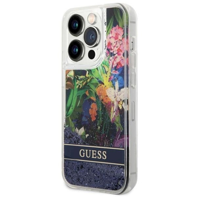 Originalus dėklas Guess GUHCP14LLFLSB iPhone 14 Pro 6.1 Mėlynas / Mėlynas hardcase Flower Liquid Glitter 1