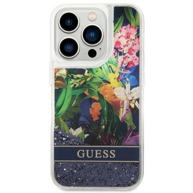 Originalus dėklas Guess GUHCP14LLFLSB iPhone 14 Pro 6.1 Mėlynas / Mėlynas hardcase Flower Liquid Glitter 2