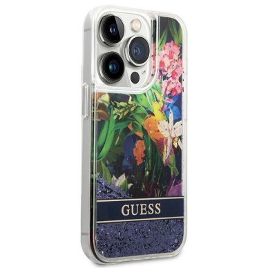 Originalus dėklas Guess GUHCP14LLFLSB iPhone 14 Pro 6.1 Mėlynas / Mėlynas hardcase Flower Liquid Glitter 3