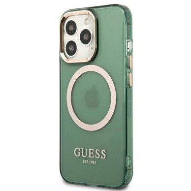 Originalus dėklas Guess GUHMP13LHTCMA iPhone 13 Pro / 13 6.1  žalias/khaki hard case Gold Outline Translucent MagSafe 1