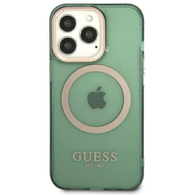 Originalus dėklas Guess GUHMP13LHTCMA iPhone 13 Pro / 13 6.1  žalias/khaki hard case Gold Outline Translucent MagSafe 2