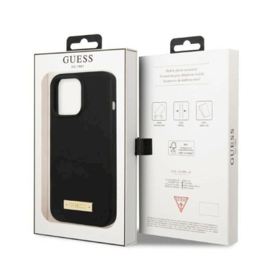 Originalus dėklas Guess GUHMP13LSPLK iPhone 13 Pro / 13 6.1  Juodas hard case Silicone Logo Plate MagSafe 7