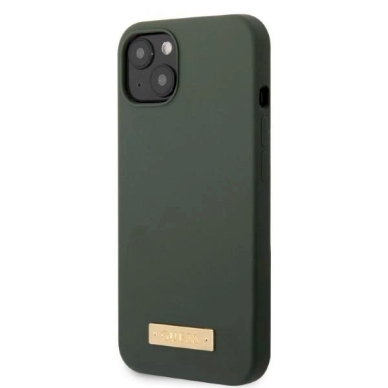 Originalus dėklas Guess GUHMP13MSBPLA iPhone 13 6.1  žalias/khaki hard case Silicone Logo Plate MagSafe 1