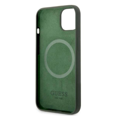 Originalus dėklas Guess GUHMP13MSBPLA iPhone 13 6.1  žalias/khaki hard case Silicone Logo Plate MagSafe 6