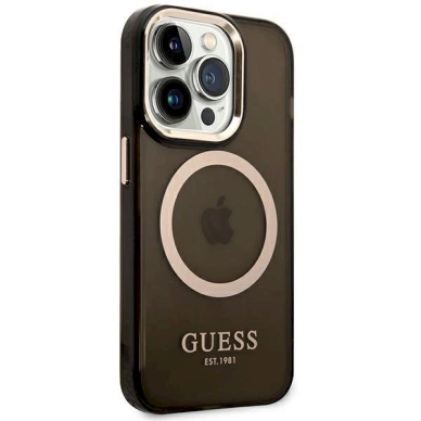 Originalus dėklas Guess GUHMP14LHTCMK iPhone 14 Pro 6.1  Juodas hard case Gold Outline Translucent MagSafe 3