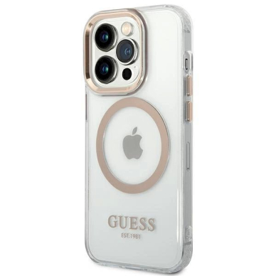 Originalus dėklas Guess GUHMP14LHTRMD iPhone 14 Pro 6.1 Auksinis hard case Metal Outline Magsafe 1