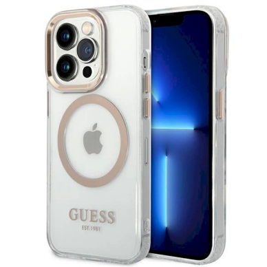 Originalus dėklas Guess GUHMP14LHTRMD iPhone 14 Pro 6.1 Auksinis hard case Metal Outline Magsafe