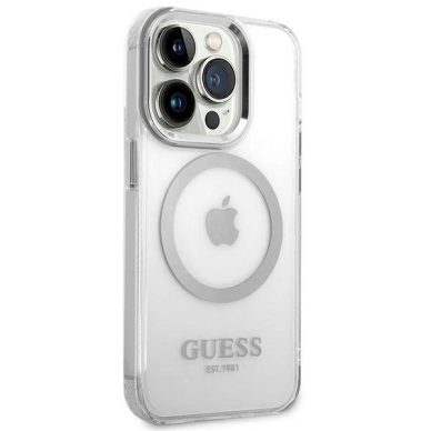 Originalus dėklas Guess GUHMP14LHTRMS iPhone 14 Pro 6.1  sidabrinis hard case Metal Outline Magsafe 3