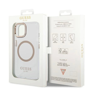 Originalus dėklas Guess GUHMP14MHTRMD iPhone 14 Plus 6.7 auksinis hard case Metal Outline Magsafe 7