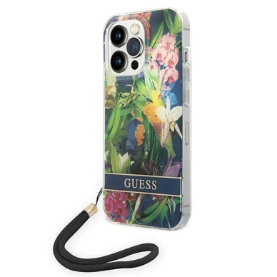 Originalus dėklas Guess GUOHCP14LHFLSB iPhone 14 Pro 6.1 Mėlynas / Mėlynas hardcase Flower Strap