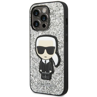 Originalus dėklas Karl Lagerfeld KLHCP14LGFKPG iPhone 14 Pro 6.1 hardcase Sidabrinis Glitter Flakes Ikonik 1