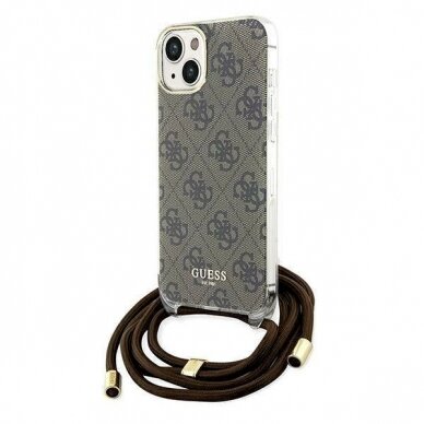 Originalus Guess dėklas Crossbody Cord 4G Print case for iPhone 15 / 14 / 13 - Rudas
