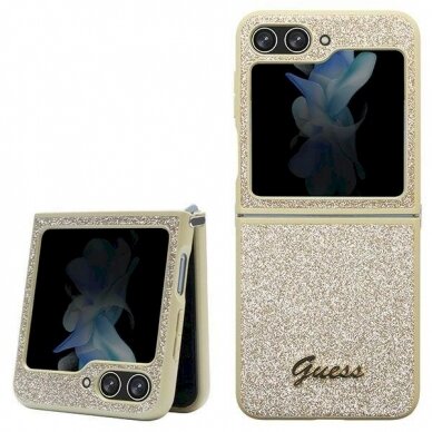 Originalus Guess dėklas Glitter Script case for Samsung Galaxy Z Flip 5 - Auksinis