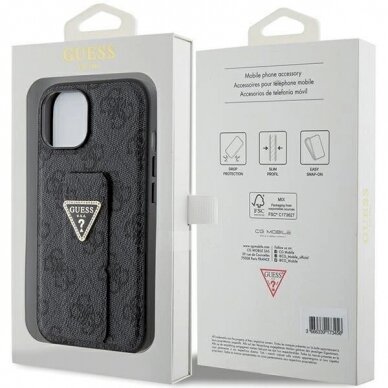 Originalus Guess dėklas Grip Stand 4G Triangle Strass case for iPhone 15 - Juodas 7