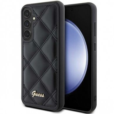 Originalus Guess dėklas GUHCS23FEPSQSQSK S23 FE S711 Juodas/Juodas hardcase Quilted Metal Logo