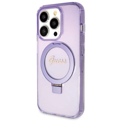 Originalus Guess dėklas Ring Stand Script Glitter MagSafe case for iPhone 13 Pro / 13 - Violetinis 1