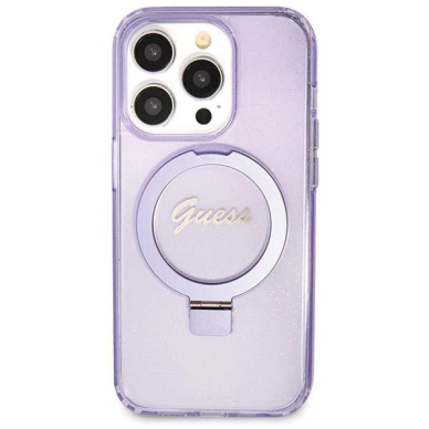 Originalus Guess dėklas Ring Stand Script Glitter MagSafe case for iPhone 13 Pro / 13 - Violetinis 2