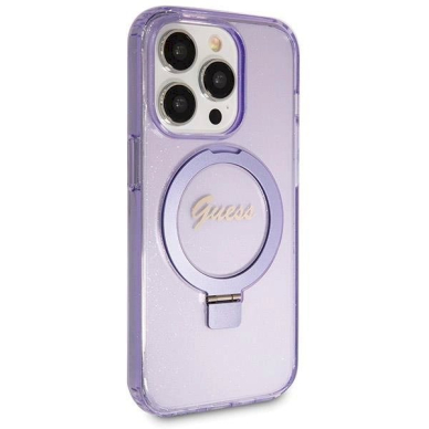 Originalus Guess dėklas Ring Stand Script Glitter MagSafe case for iPhone 13 Pro / 13 - Violetinis 3