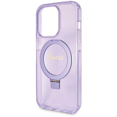 Originalus Guess dėklas Ring Stand Script Glitter MagSafe case for iPhone 13 Pro / 13 - Violetinis 5