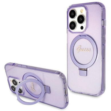 Originalus Guess dėklas Ring Stand Script Glitter MagSafe case for iPhone 13 Pro Max - Violetinis