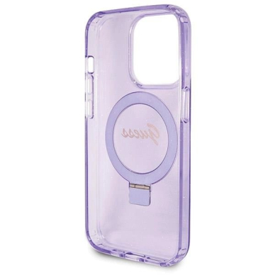 Originalus Guess dėklas Ring Stand Script Glitter MagSafe case for iPhone 14 Pro - Violetinis 6