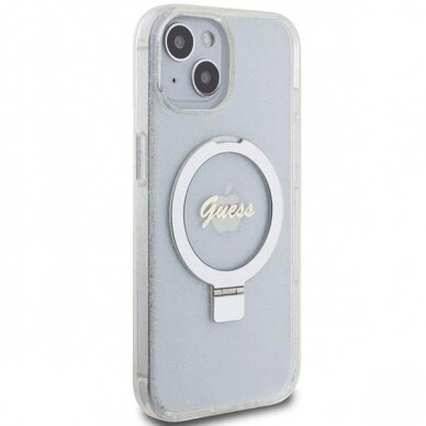 Originalus Guess dėklas Ring Stand Script Glitter MagSafe case for iPhone 15 / 14 / 13 - Permatomas 3