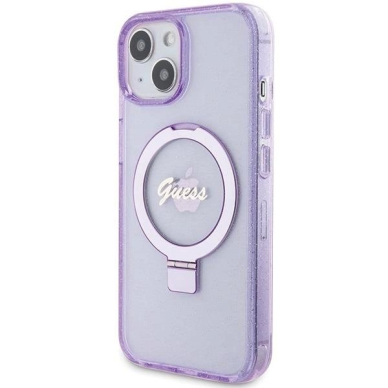 Originalus Guess dėklas Ring Stand Script Glitter MagSafe case for iPhone 15 Plus / 14 Plus - Violetinis 1