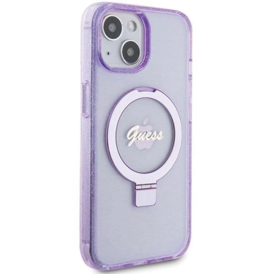 Originalus Guess dėklas Ring Stand Script Glitter MagSafe case for iPhone 15 Plus / 14 Plus - Violetinis 3