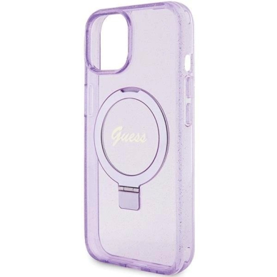 Originalus Guess dėklas Ring Stand Script Glitter MagSafe case for iPhone 15 Plus / 14 Plus - Violetinis 5