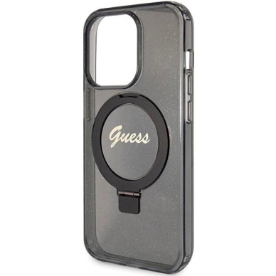 Originalus Guess dėklas Ring Stand Script Glitter MagSafe case for iPhone 15 Pro - Juodas 5