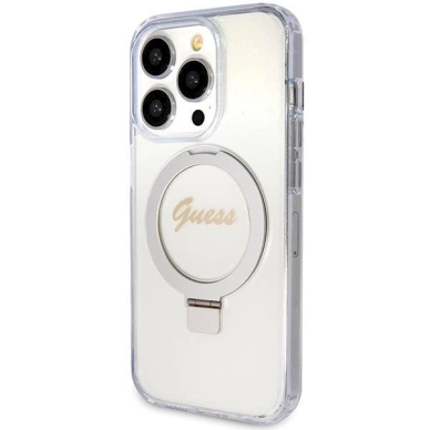 Originalus Guess dėklas Ring Stand Script Glitter MagSafe case for iPhone 15 Pro Max - Permatomas 1