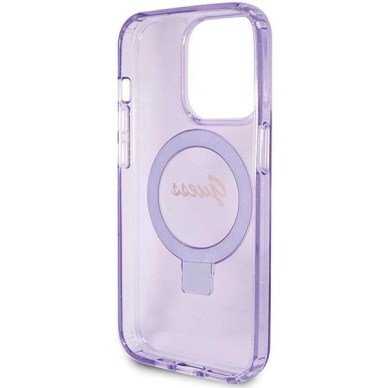 Originalus Guess dėklas Ring Stand Script Glitter MagSafe case for iPhone 15 Pro Max - Violetinis 6