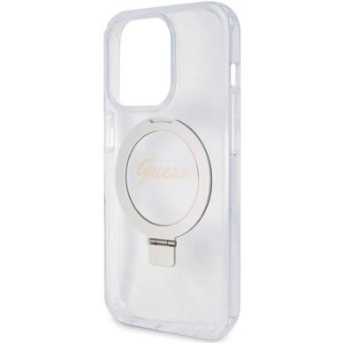 Originalus Guess dėklas Ring Stand Script Glitter MagSafe case for iPhone 15 Pro - Permatomas 5