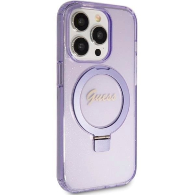 Originalus Guess dėklas Ring Stand Script Glitter MagSafe case for iPhone 15 Pro - Violetinis 1