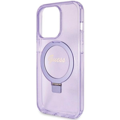 Originalus Guess dėklas Ring Stand Script Glitter MagSafe case for iPhone 15 Pro - Violetinis 3