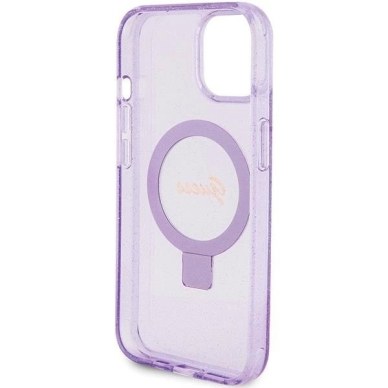 Originalus Guess dėklas Ring Stand Script Glitter MagSafe case for iPhone 15 - Violetinis 6