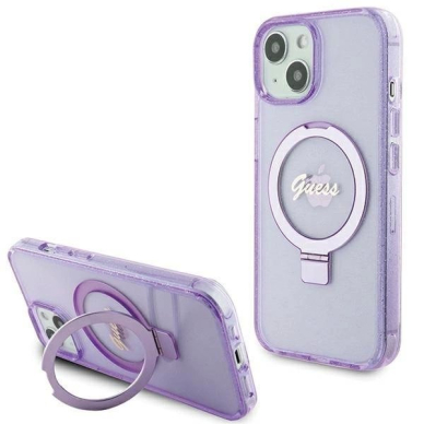 Originalus Guess dėklas Ring Stand Script Glitter MagSafe case for iPhone 15 - Violetinis