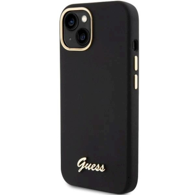 Originalus Guess dėklas Silicone Script Metal Logo &amp; Frame case for iPhone 15 - Juodas 1