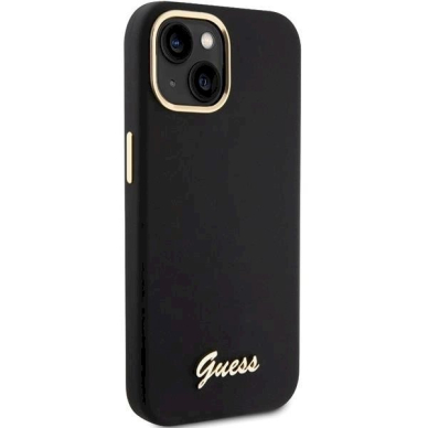 Originalus Guess dėklas Silicone Script Metal Logo &amp; Frame case for iPhone 15 - Juodas 3