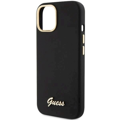 Originalus Guess dėklas Silicone Script Metal Logo &amp; Frame case for iPhone 15 - Juodas 5