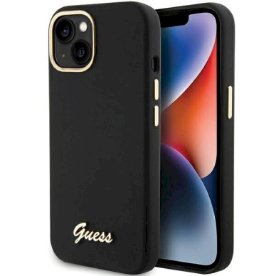 Originalus Guess dėklas Silicone Script Metal Logo &amp; Frame case for iPhone 15 - Juodas