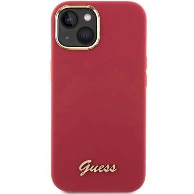 Originalus Guess dėklas Silicone Script Metal Logo &amp; Frame case for iPhone 15 - Raudonas 2