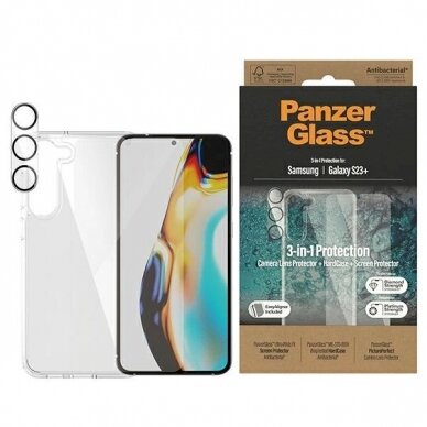 PanzerGlass Bundle 3in1 set Permatomas Dėklas + Plėvelė + kameros apsauga Samsung Galaxy S23+