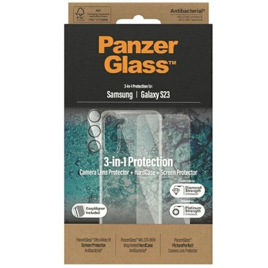 PanzerGlass Bundle 3in1 Skaidrus Dėklas + plėvelė + Camera Protector Samsung Galaxy S23 2