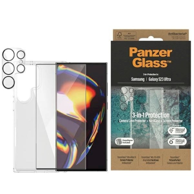 PanzerGlass Bundle 3in1 Permatomas Dėklas + Plėvelė + Kameros apsauga Samsung Galaxy S23 Ultra