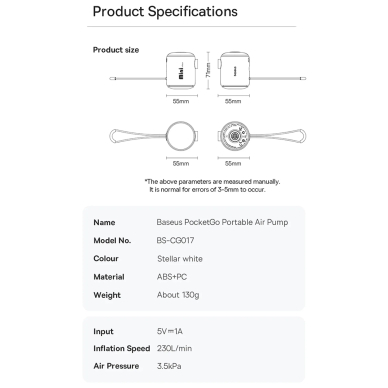 [Užsakomoji prekė] Pompa de Aer Mica, Lumina LED - Baseus PocketGo (C11157700221-00) - Baltas 11
