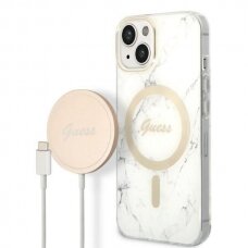 Dėklas su pakrovėju Set Guess Marble MagSafe GUBPP14MHMEACSH iPhone 14 Plus Baltas